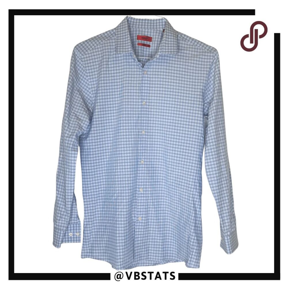 Hugo Boss Men's Plaid Slim Fit EverettX Long Sleeve Dress‎ Shirt Blue Sz 15.5/40